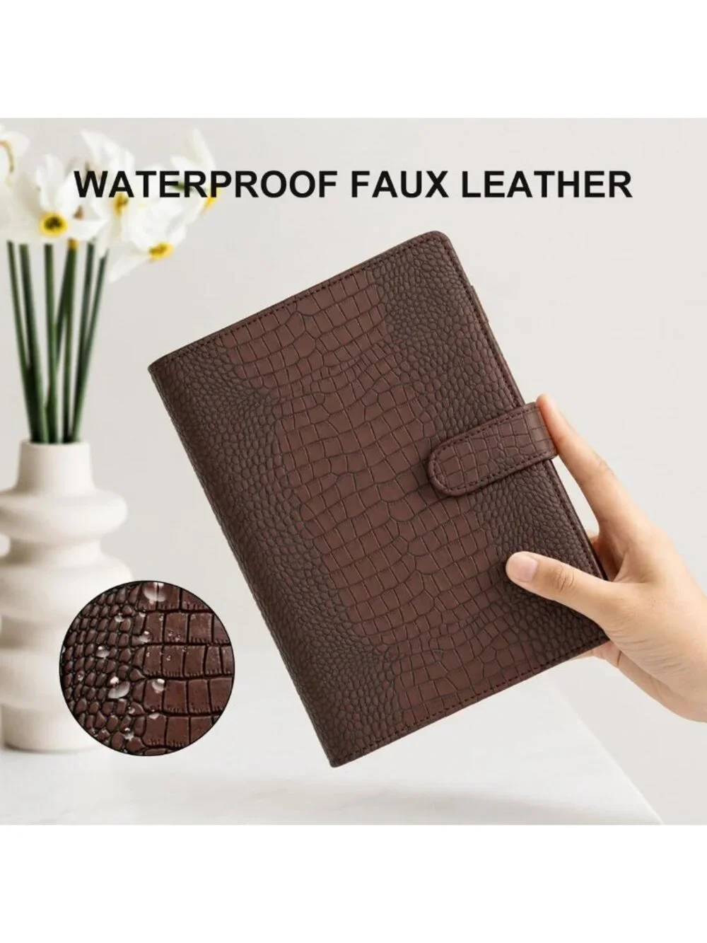 Crocodile-Embossed Refillable 6 Ring Binder Cover, Magnetic Closure, Premium PU